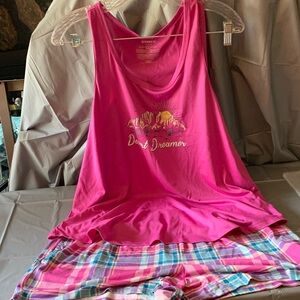 JoySpun Sleeveless Sleep Tank in Hot Pink with pastel checkered shorts.